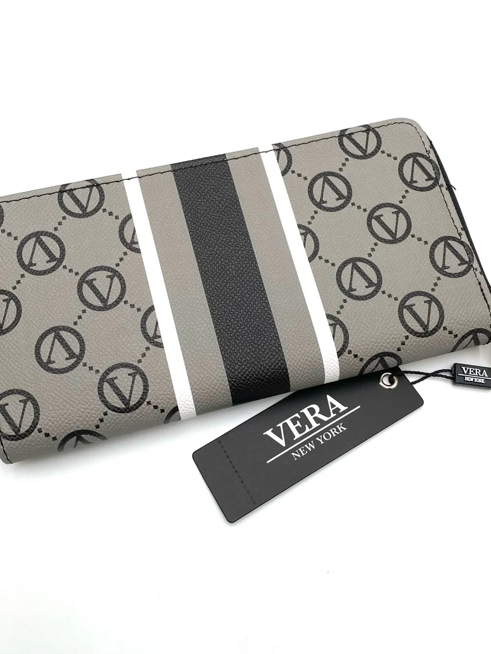 Vera New York Wallet Womens Black Signature Logo Zip Around Stripe New